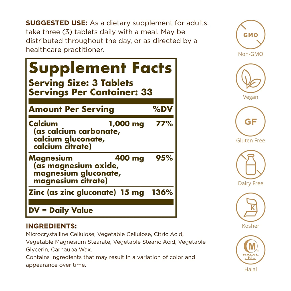 Solgar- Calcium Magnesium Plus Zinc / 100 Tablets Solgar- Calcium Magnesium Plus Zinc / 100 Tablets