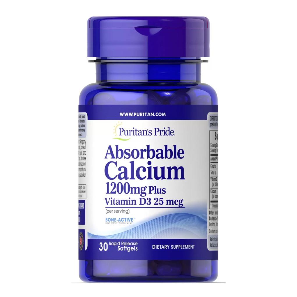 Puritan's Pride Absorbable Calcium 1200 mg Plus Vitamin D3 25 mcg (1,000 IU) Trial Size / 30 Softgels