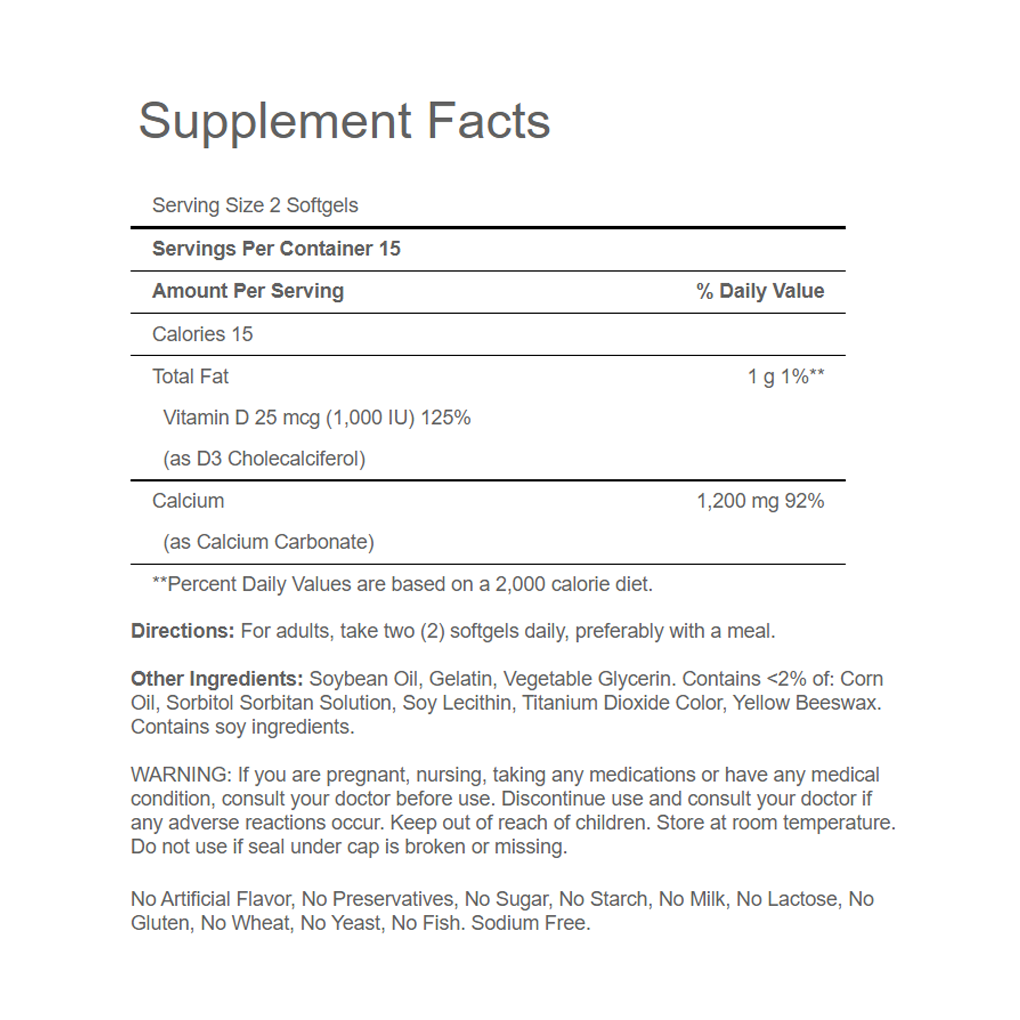 Puritan's Pride Absorbable Calcium 1200 mg Plus Vitamin D3 25 mcg (1,000 IU) Trial Size / 30 Softgels