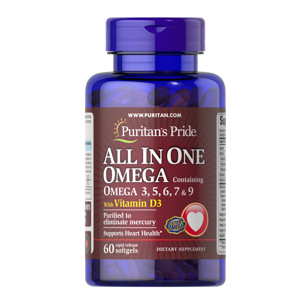 Puritan's Pride All In One Omega 3, 5, 6, 7 & 9 with Vitamin D3 / 60 Softgels