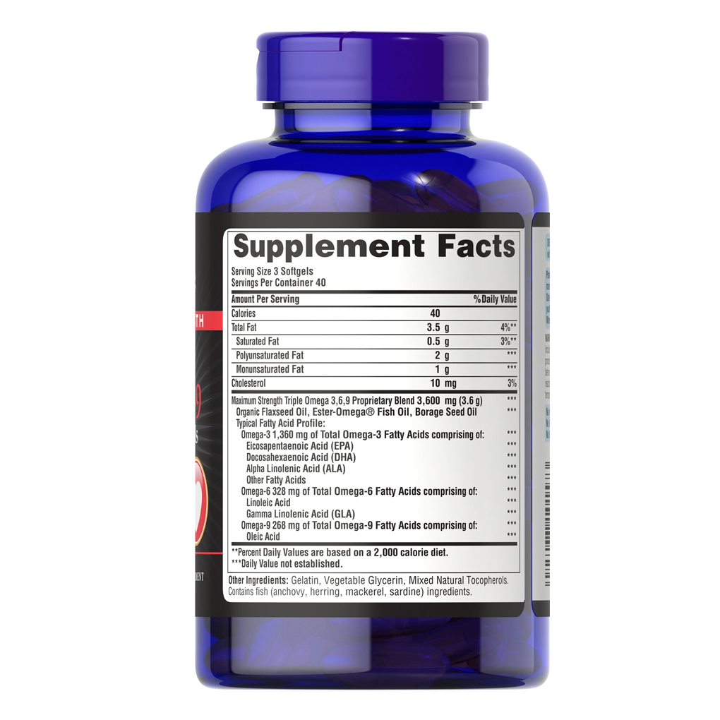 Puritan's Pride Maximum Strength Triple Omega 3-6-9 Fish, Flax & Borage Oils / 120 Softgels Puritan's Pride Maximum Strength Triple Omega 3-6-9 Fish, Flax & Borage Oils / 120 Softgels