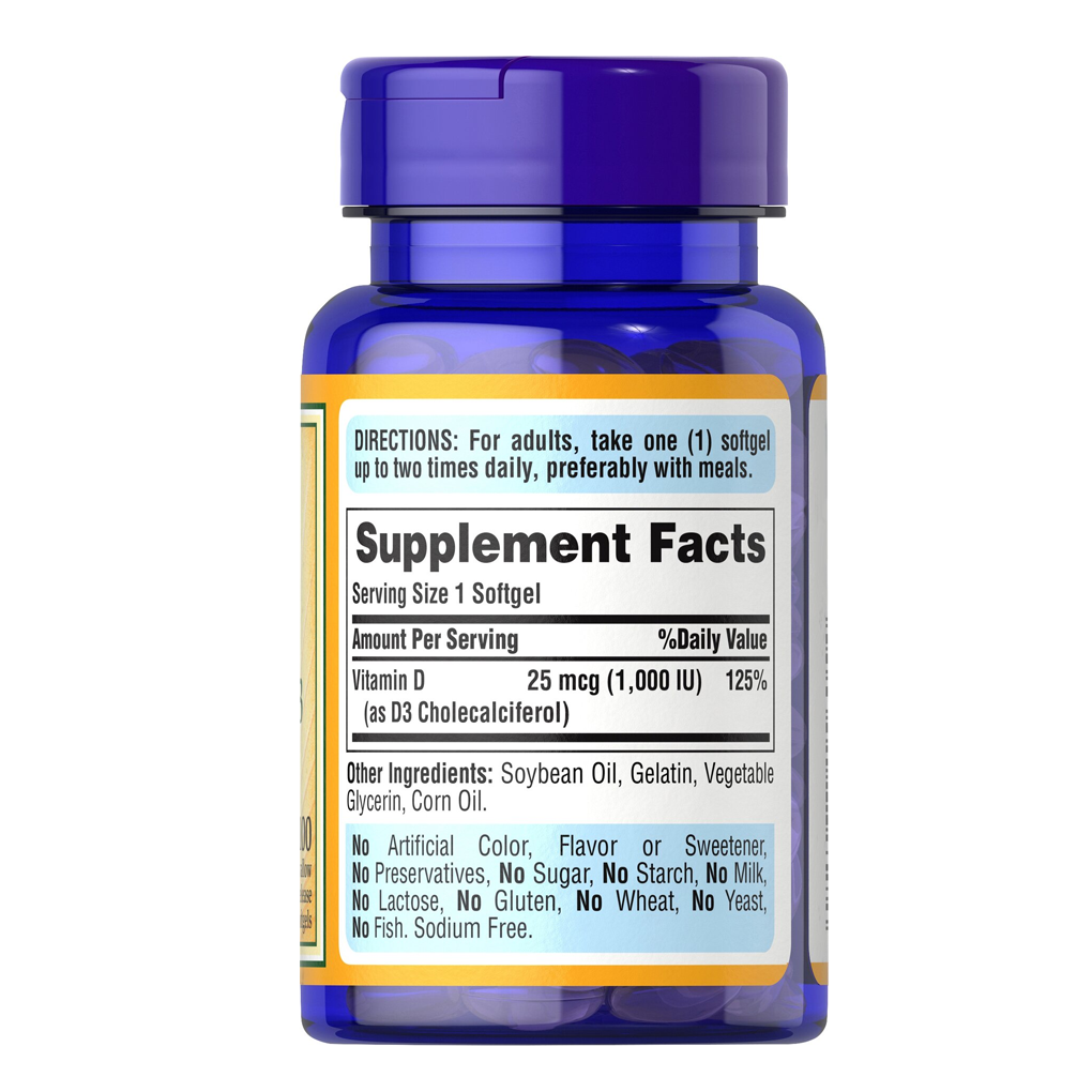 Puritan's Pride Vitamin D3  25 mcg (1000 IU) / 100 Softgels