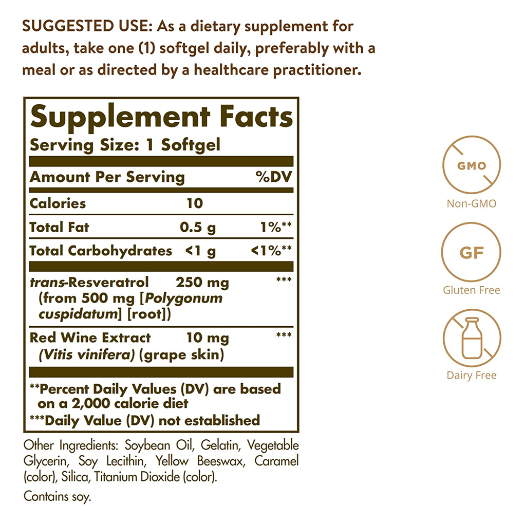 Solgar  Resveratrol 250 mg with Red wine Extract / 30 Softgels