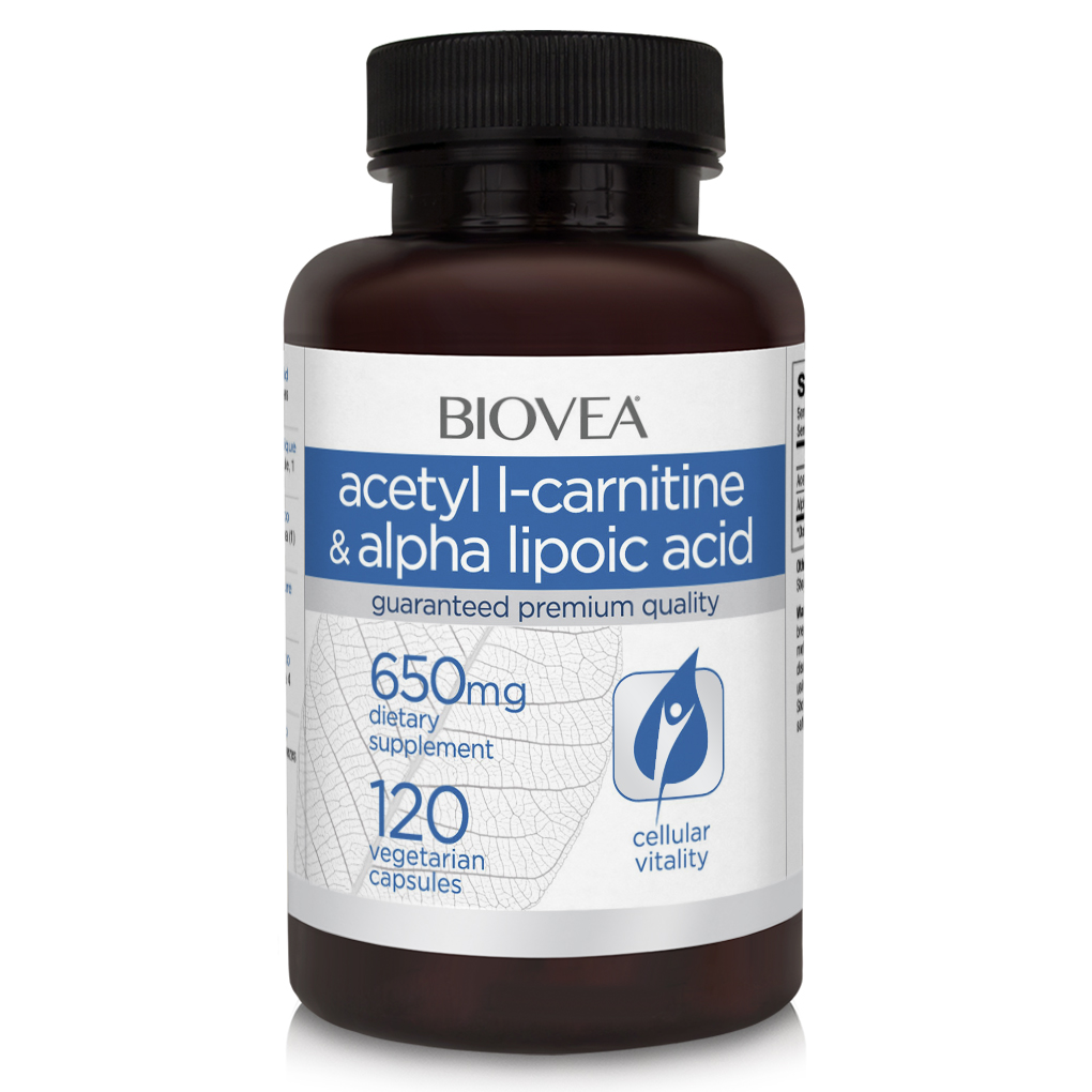 BIOVEA  ACETYL  L-CARNITINE & ALPHA LIPOIC ACID 650 mg / 120 Vegetarian Capsules