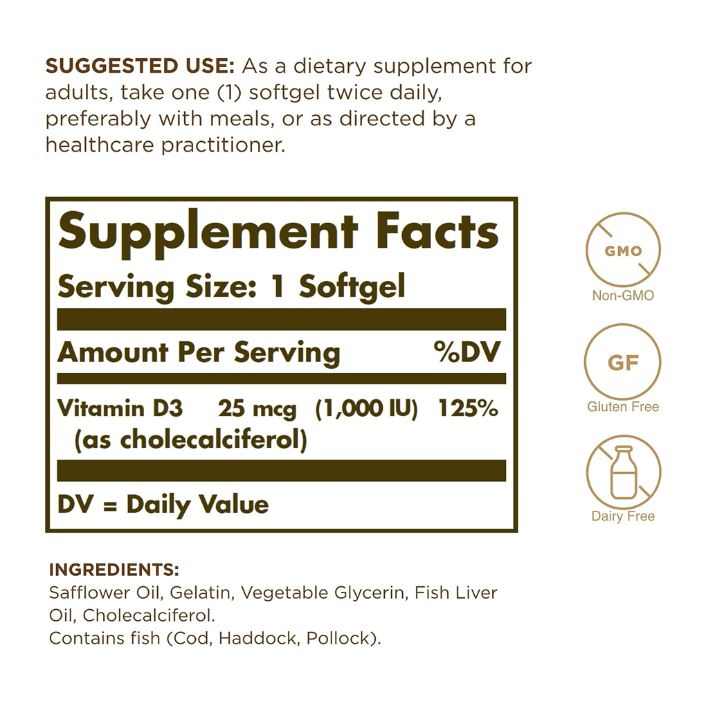 SOLGAR  VITAMIN D3 (CHOLECALCIFEROL) 25 MCG (1000 IU) / 250 SOFTGELS