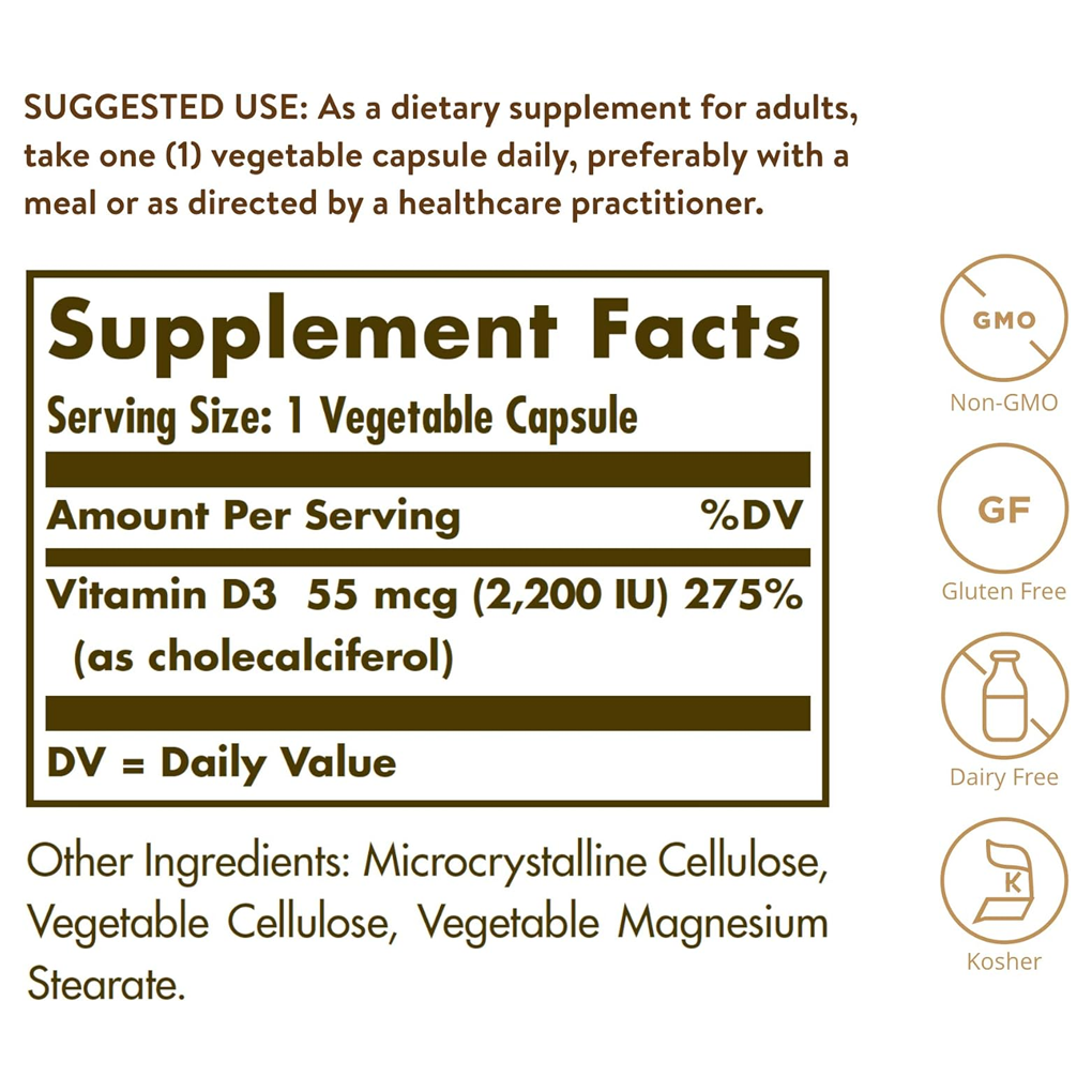 SOLGAR  Vitamin D3 (Cholecalciferol) 55 mcg (2200 IU) / 100 Vegetable Capsules