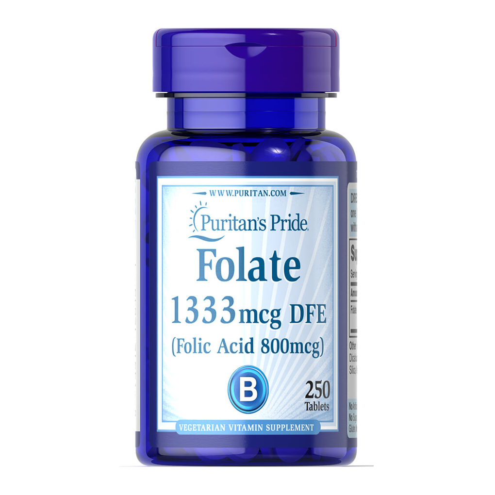 Puritan's Pride Folate 1333 mcg DFE ( Folic Acid 800 mcg) / 250 Tablets