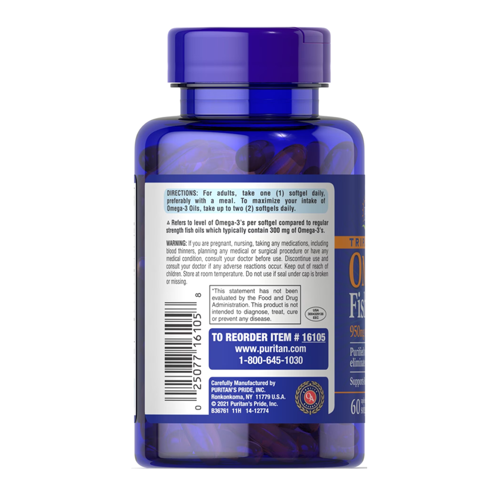 Puritan's Pride Triple Strength Omega-3 Fish Oil 1400 mg (950 mg Active Omega-3)  /  60 Softgels
